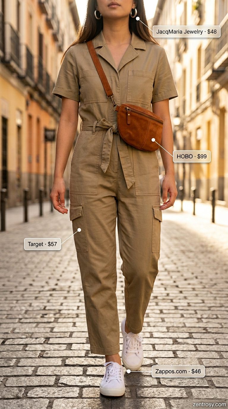 Cute summer jumpsuit outfits for women 2026: Khaki cargo jumpsuit, sneakers, and belt bag for casual daytime.