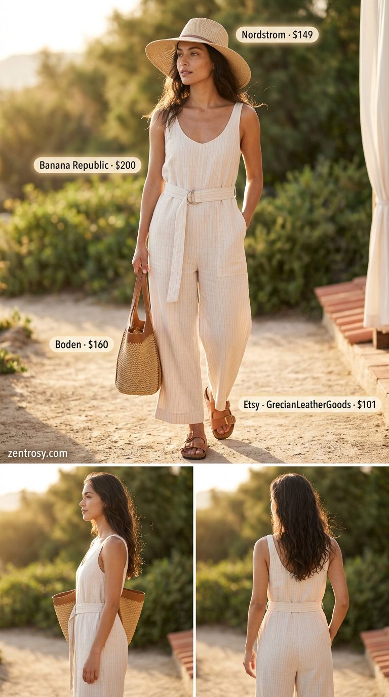 Relaxed natural linen jumpsuit for women, perfect for vacation, beach days, or resort wear in 2026.