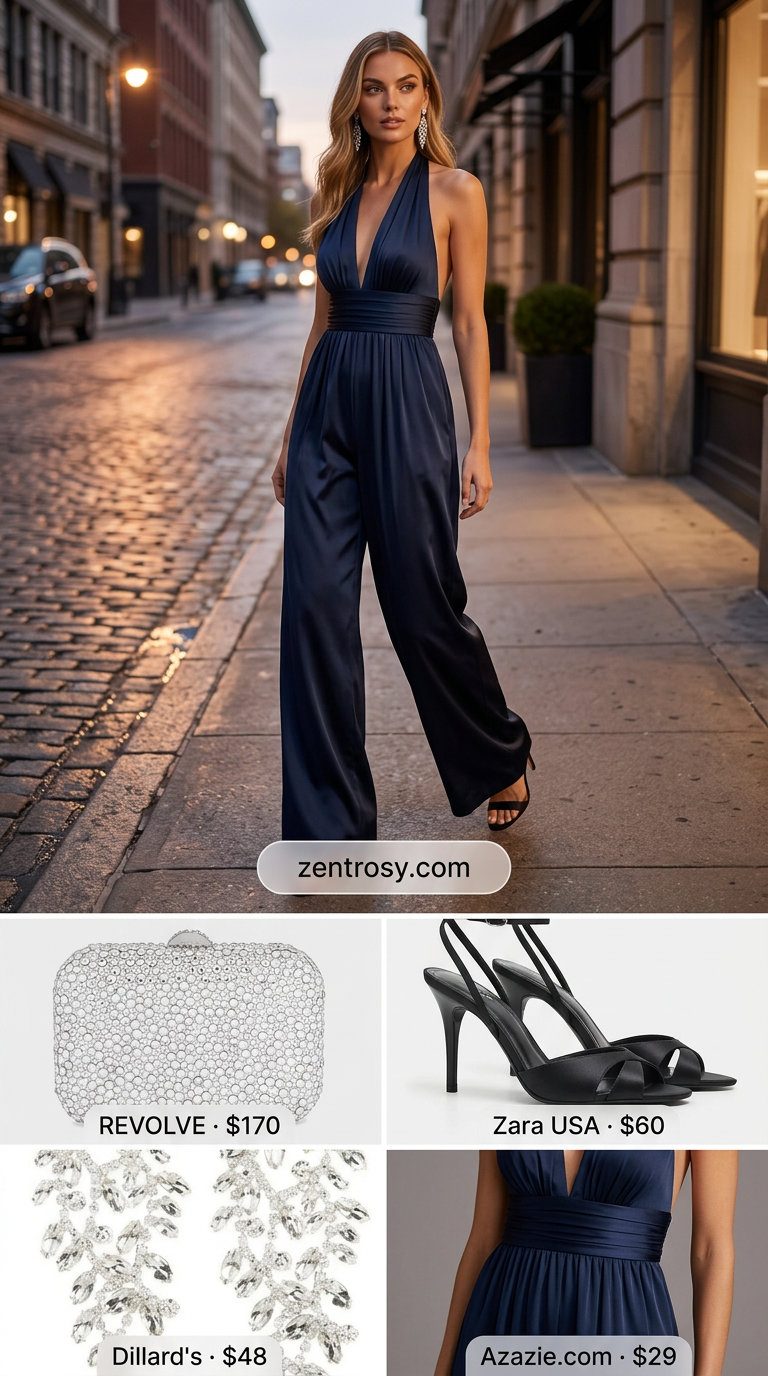 Cute summer jumpsuit outfit for women 2026: Navy satin jumpsuit with strappy heels and statement earrings for a gala.