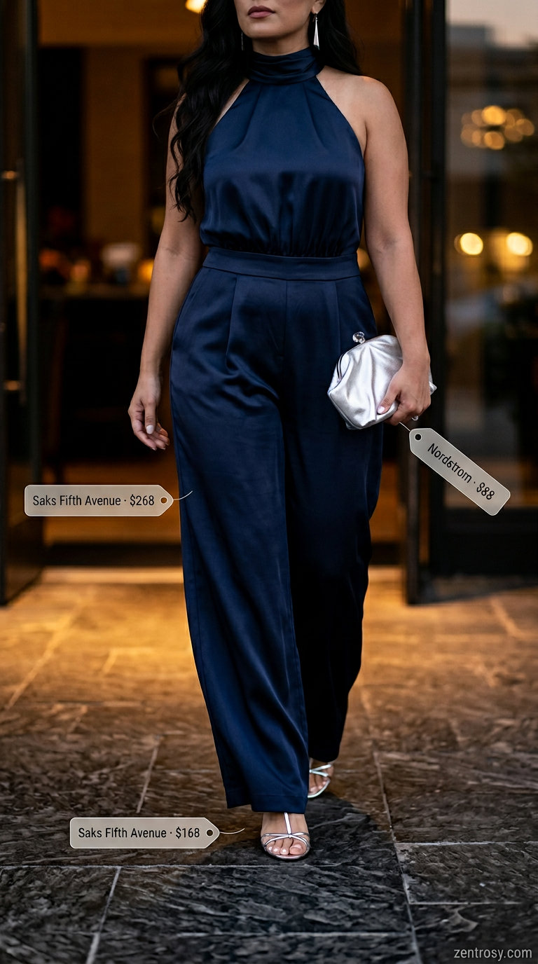 Cute summer jumpsuit outfits for women 2026: Navy wide-leg jumpsuit, silver heels, and clutch for evening event.