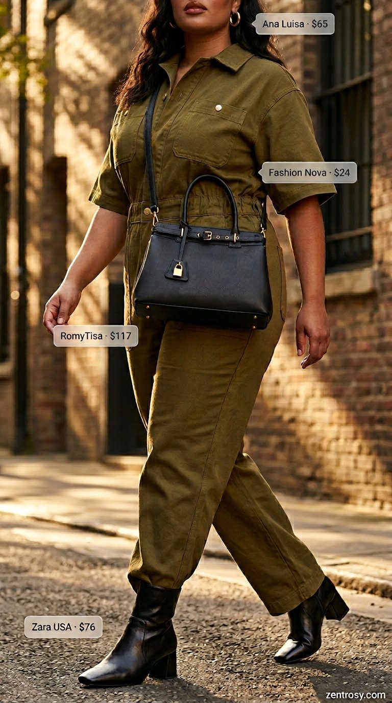 Cute summer jumpsuit outfits for women 2026: Olive utility jumpsuit, ankle boots, and crossbody bag for casual outing.