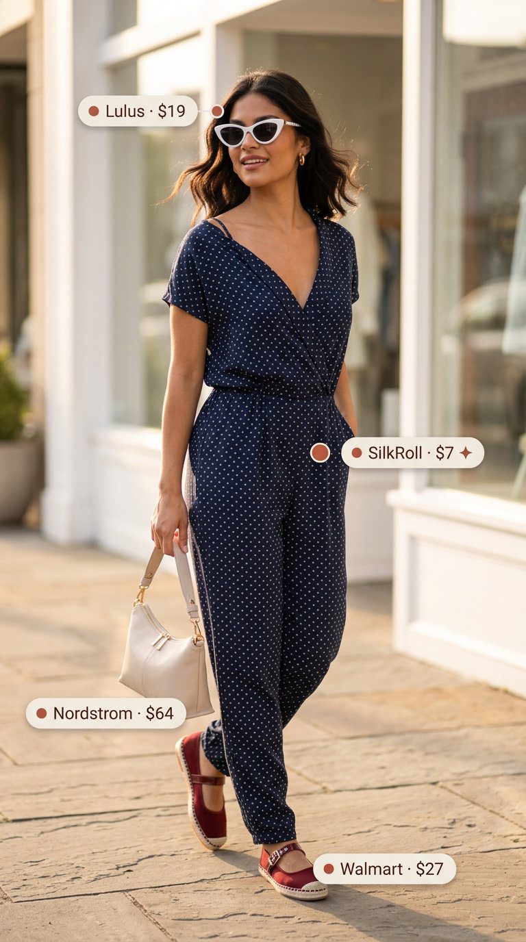 Playful navy polka dot jumpsuit for women, great for casual daytime or shopping in 2026.