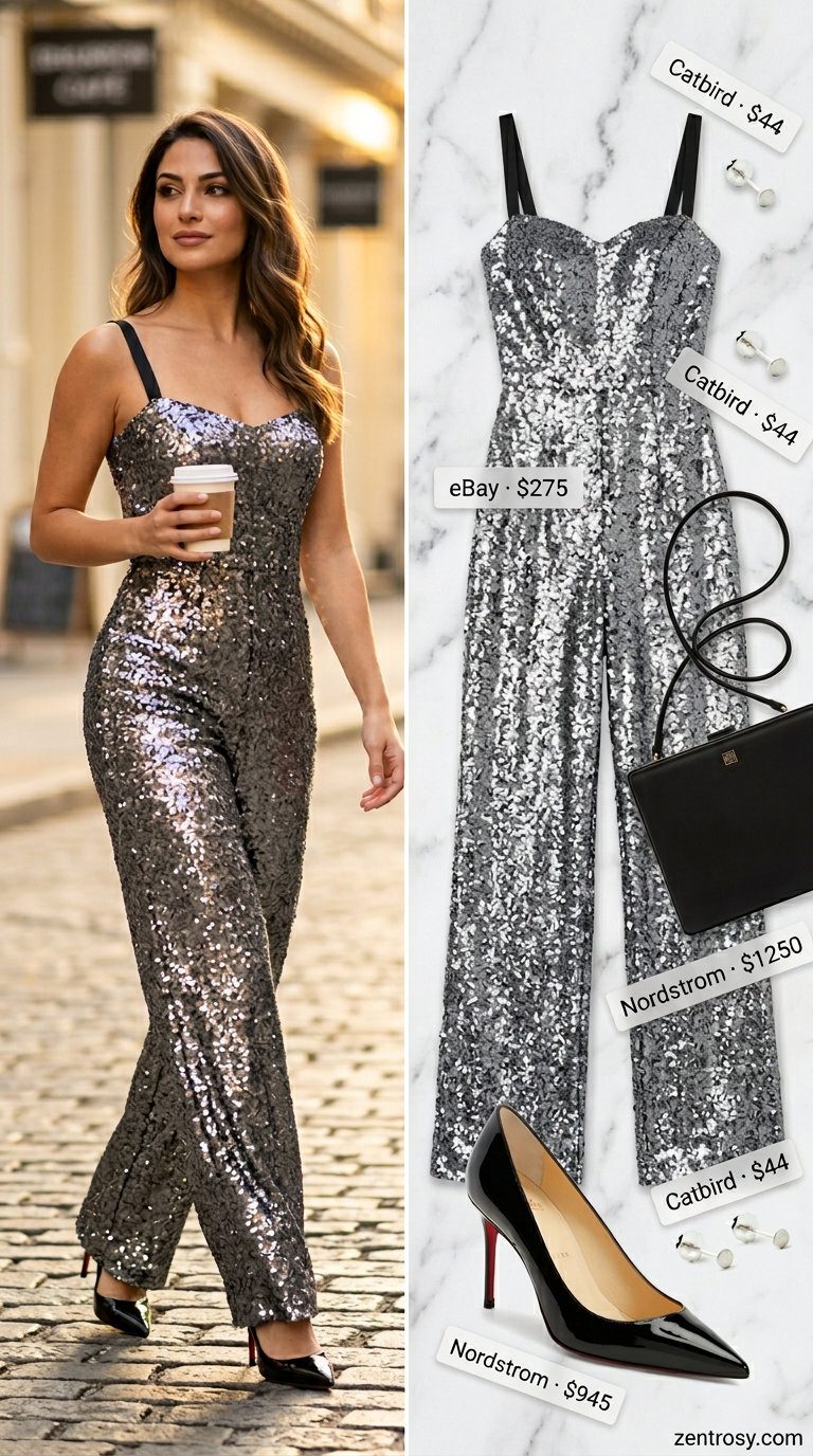 Glamorous silver sequin jumpsuit for women, perfect for summer parties or a night out in 2026.