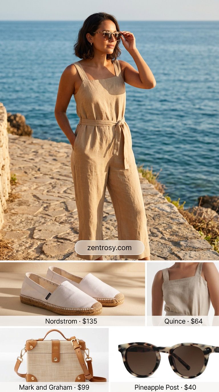 Cute summer jumpsuit outfits for women 2026: Sky blue mini dress, espadrilles, and raffia bag for beach day.