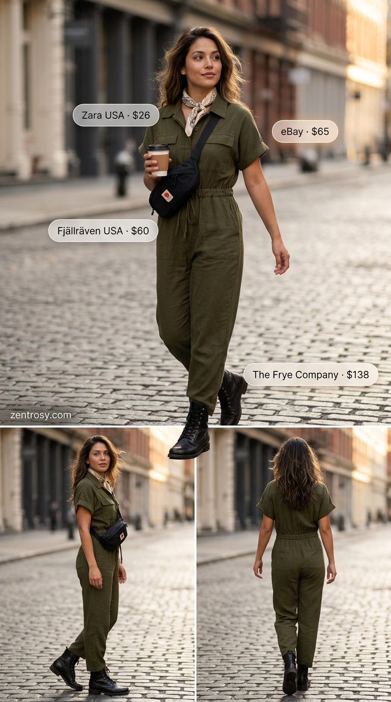 Cute summer jumpsuit outfit for women 2026: Olive drab utility jumpsuit with boots and bandana for weekend getaway.