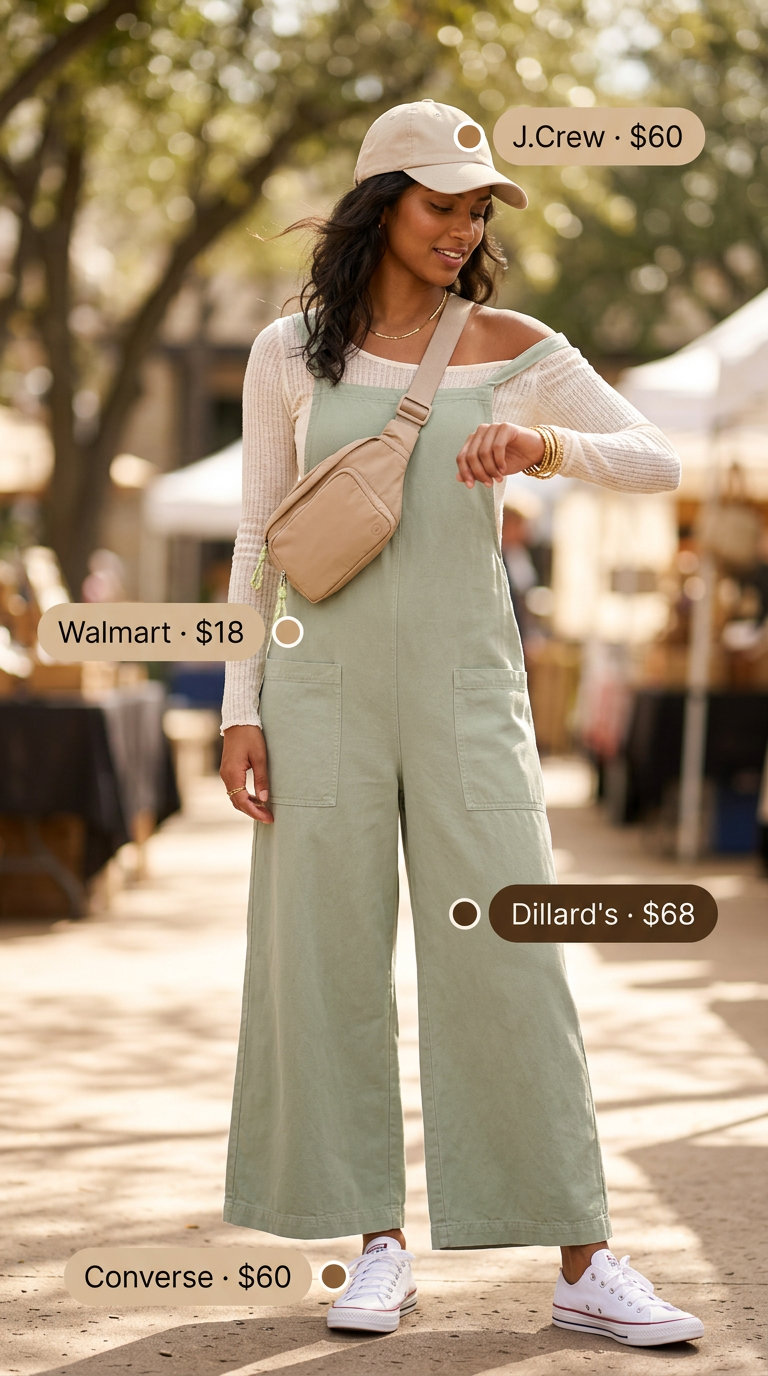 Cute summer jumpsuit outfit for women 2026: Olive green romper with sneakers and a cap for weekend errands.