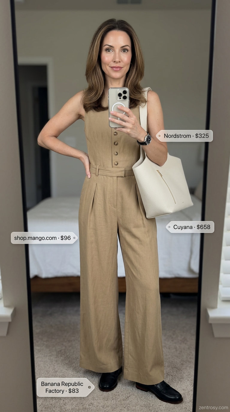 Cute summer jumpsuit outfit for women 2026: Taupe tailored jumpsuit with loafers for office wear.
