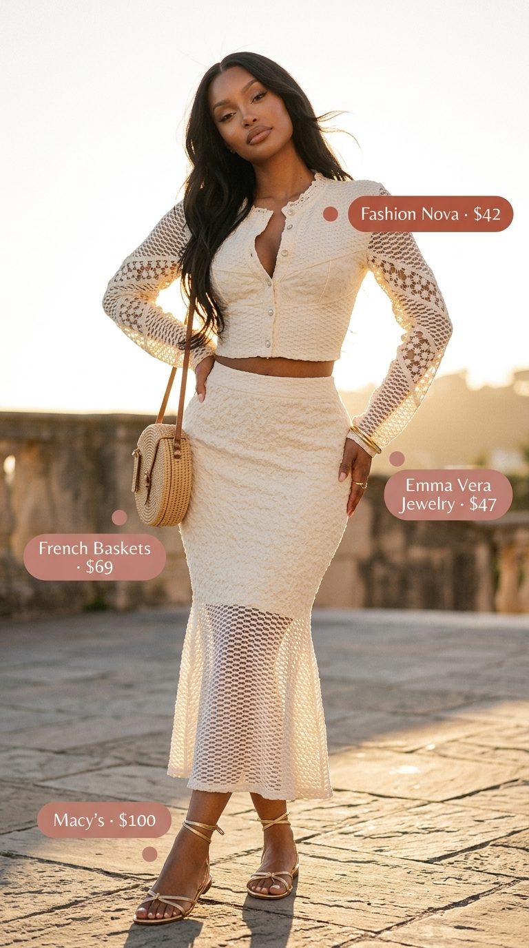 Boho sunset soiree outfit: cream crochet knit midi skirt and matching crop top, gold bangles, raffia bag, flat sandals.