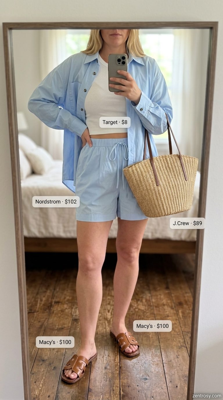 Coastal charm brunch outfit: sky blue linen oversized shirt & shorts set, white tank, straw tote, leather slides.