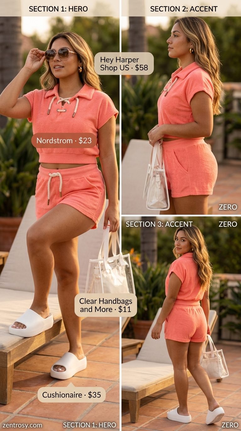 Cute summer matching set outfits for women 2026: Coral terry cloth polo & shorts for poolside fun.