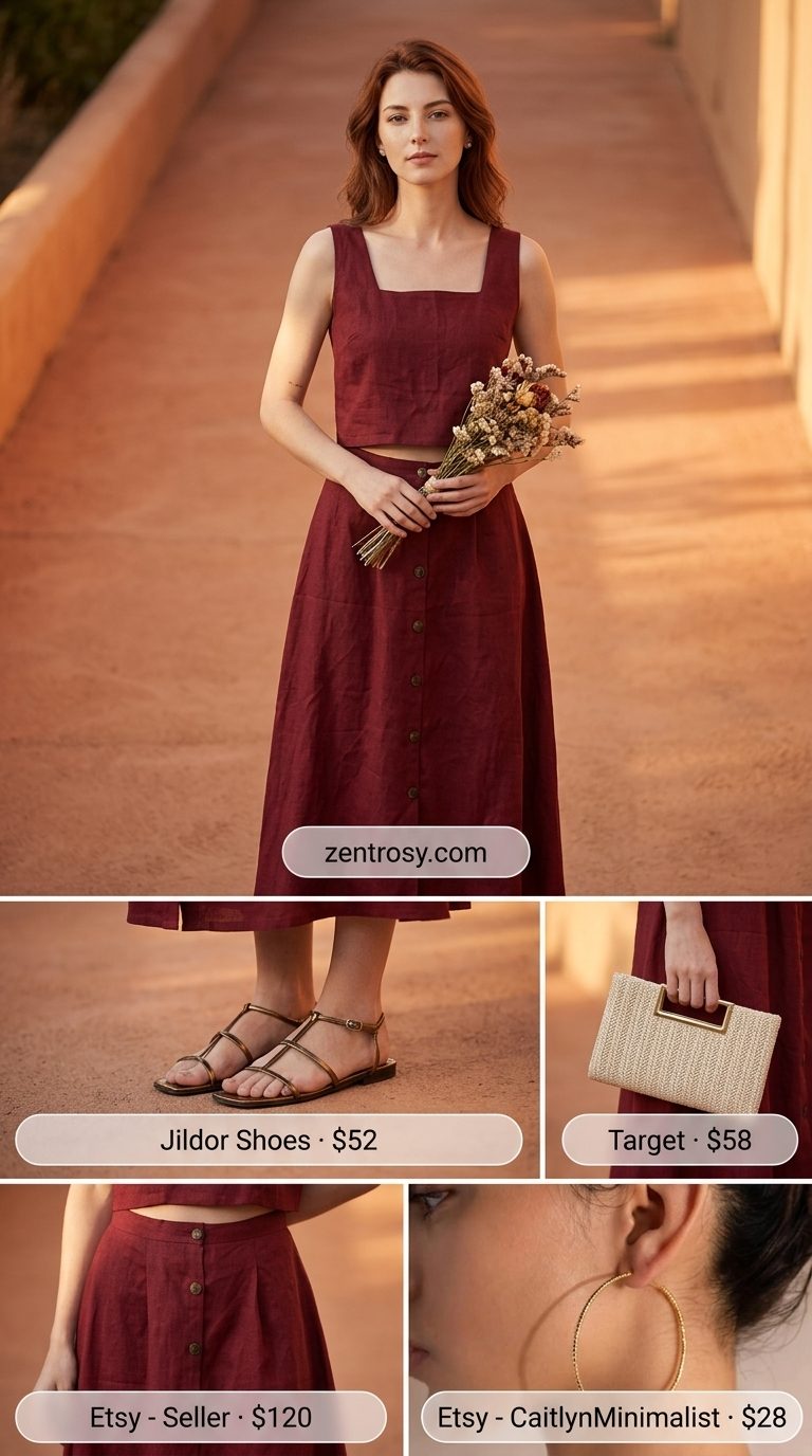 Desert sunset soiree outfit: terracotta linen tiered maxi skirt & cropped top set, bronze sandals, straw clutch.