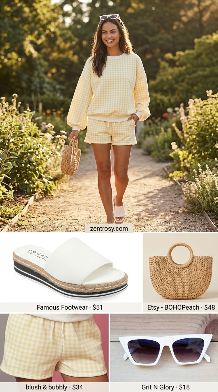Gingham picnic sweetheart outfit: lemon yellow gingham puff-sleeve top & shorts set, white espadrilles, straw basket bag.