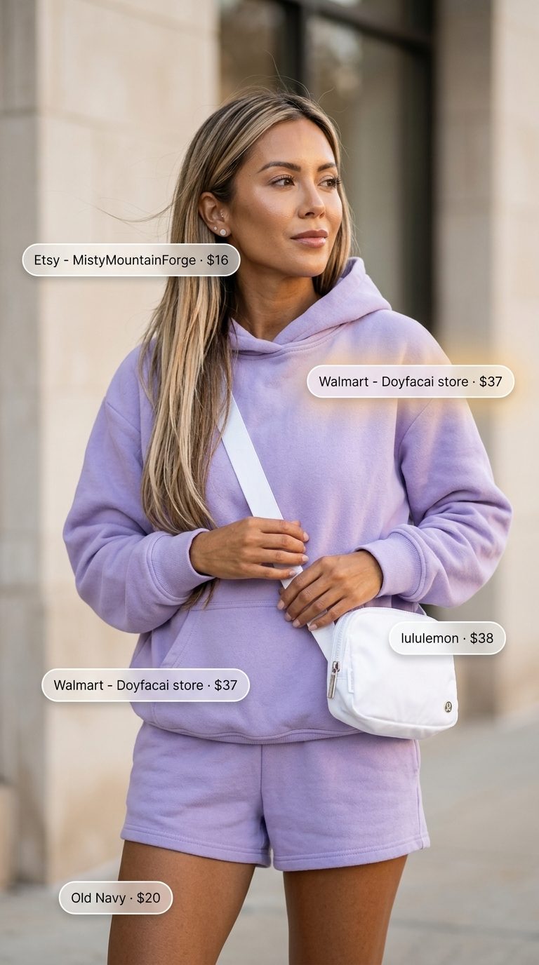 Lavender lounge day outfit: soft lavender terry cloth hoodie & shorts set, white belt bag, white sneakers.