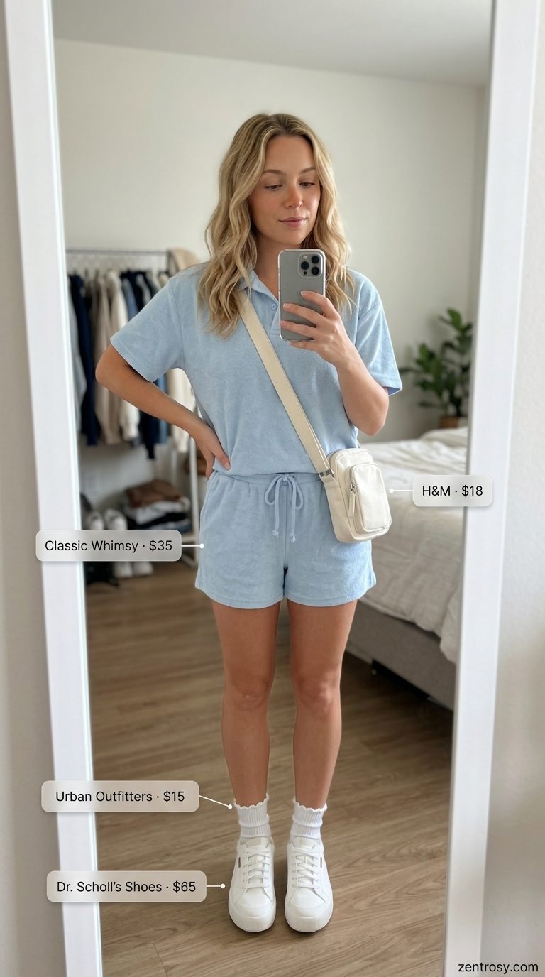 Cute summer matching set outfits for women 2026: Soft peach terry cloth polo & shorts for athleisure.