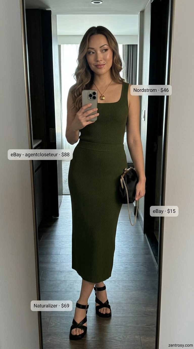 Sleek summer night outfit: deep olive green ribbed knit midi skirt & tank set, black heels, satin clutch.
