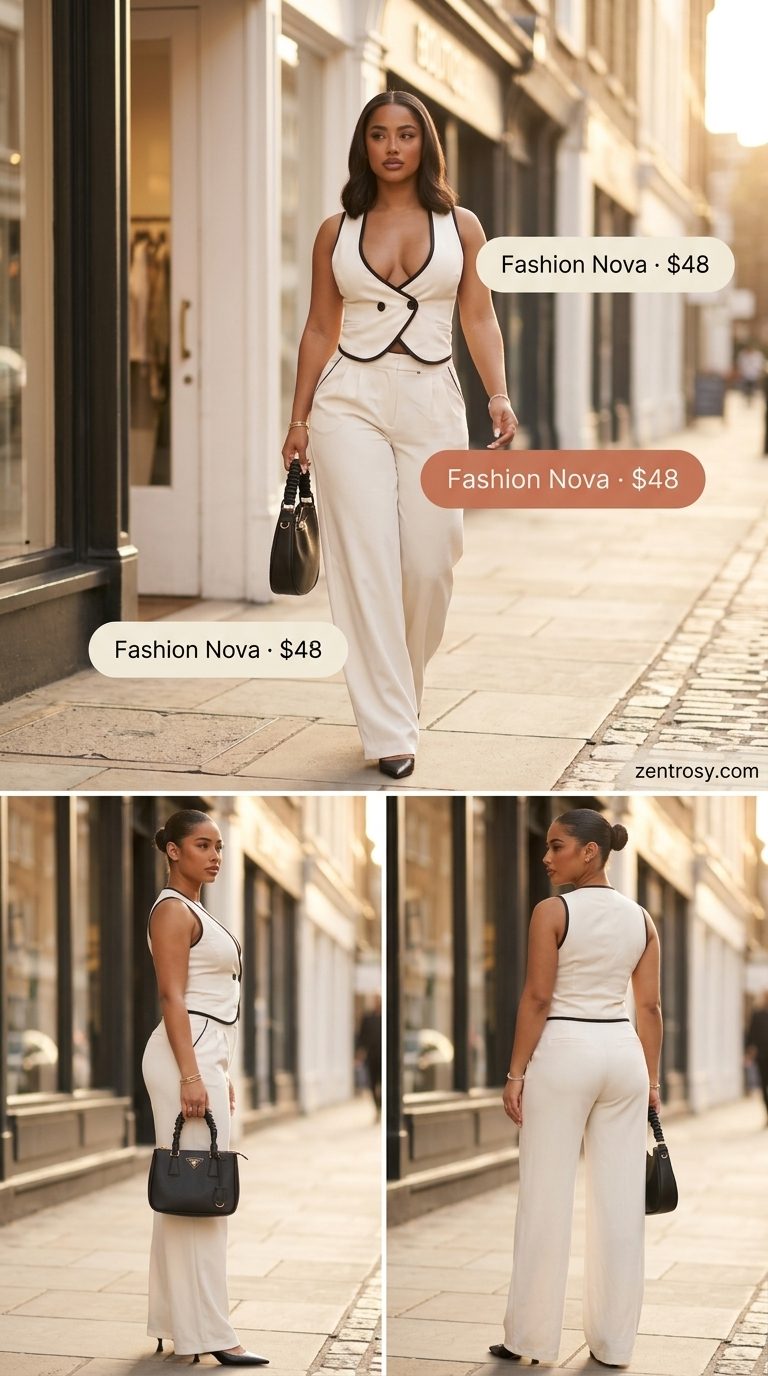 Cute summer matching set outfits for women 2026: Cream linen vest & wide-leg pants for professional chic.