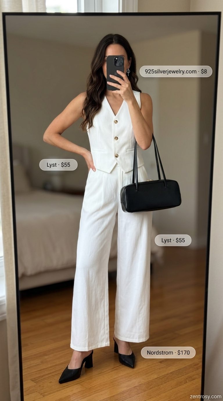 Cute summer matching set outfits for women 2026: White linen vest & wide-leg pants for urban sophistication.