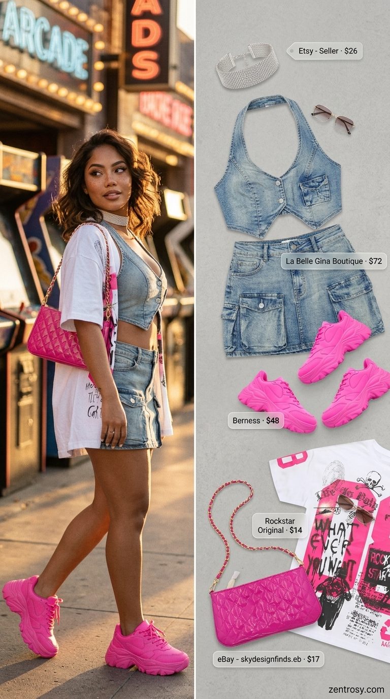 Y2K pop princess outfit: light wash denim skirt & bralette set, graphic tee, hot pink bag, platform sneakers.