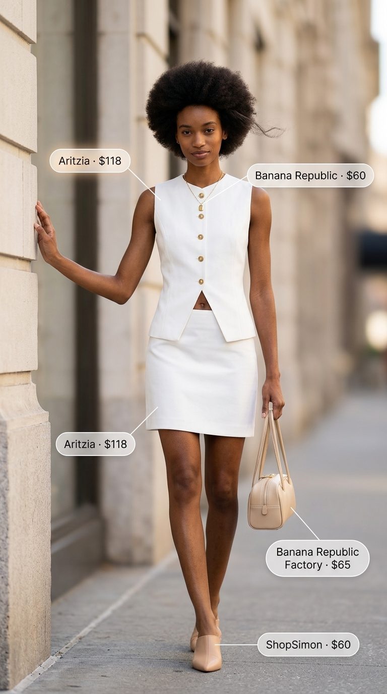 Cute summer matching set outfits for women 2026: White linen vest and Bermuda shorts set with tan mules.