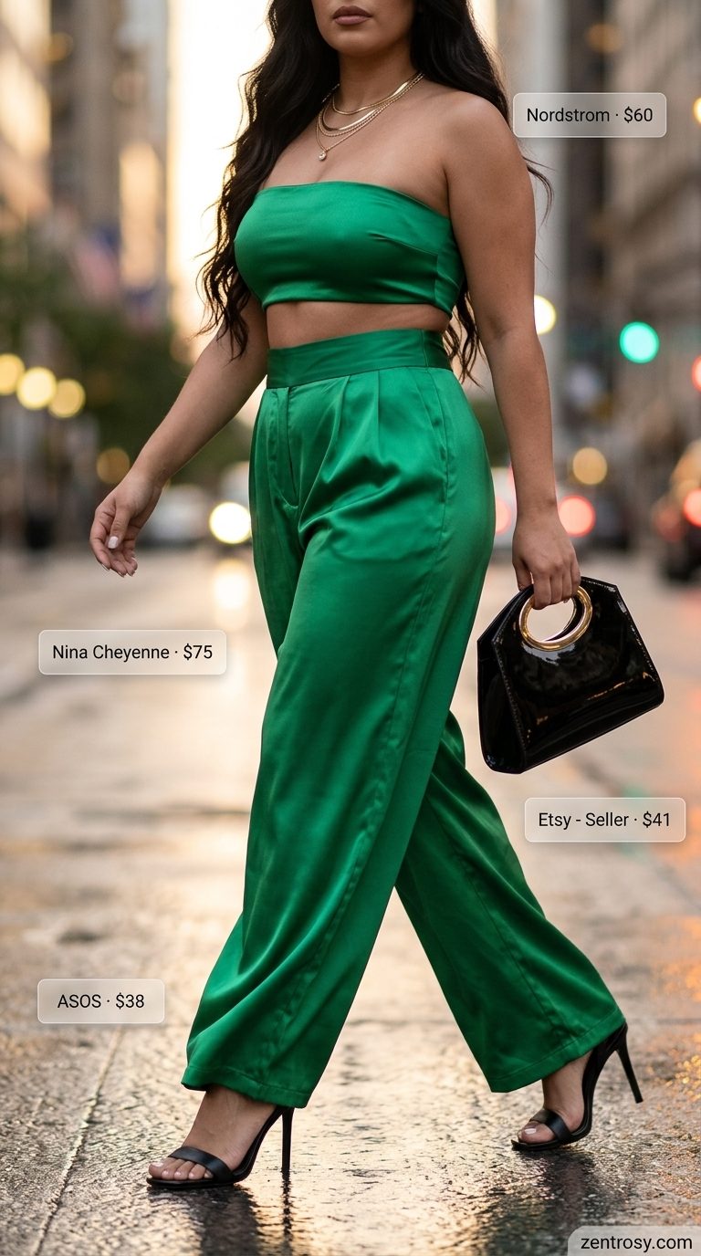 Cute summer matching set outfits for women 2026: Emerald green satin wide-leg pants set with black heels.