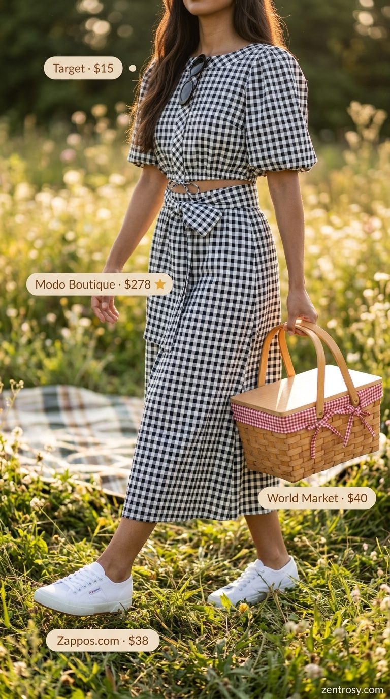 Cute summer matching set outfits for women 2026: Gingham puff-sleeve top and midi skirt with sneakers.