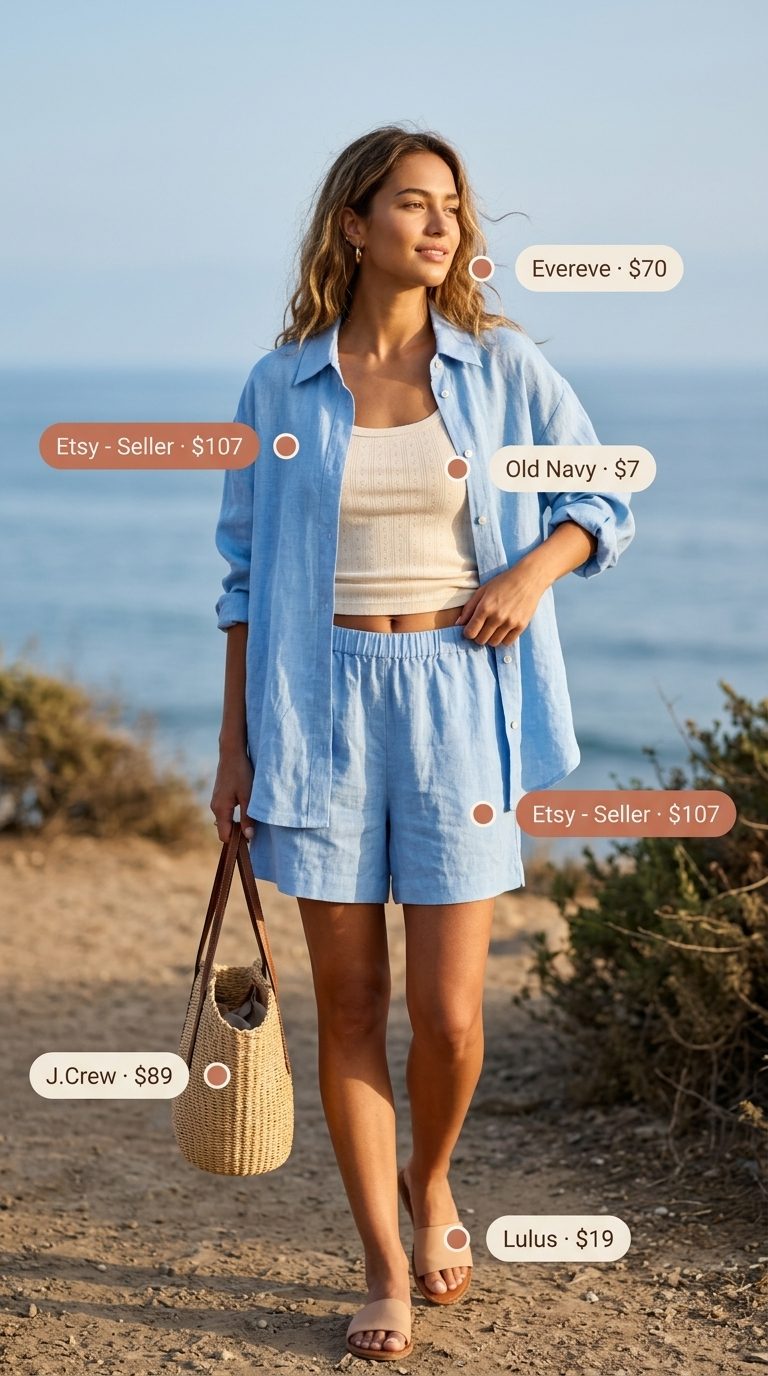 Cute summer matching set outfits for women 2026: Sky blue linen shorts set with cream tank and tan slides.