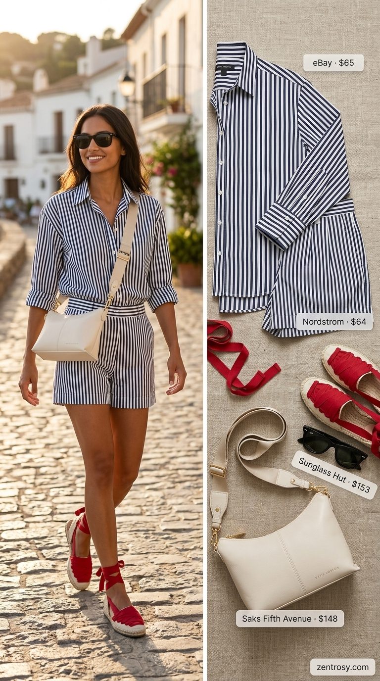 Cute summer matching set outfits for women 2026: Navy stripe shirt and shorts set with red espadrilles.