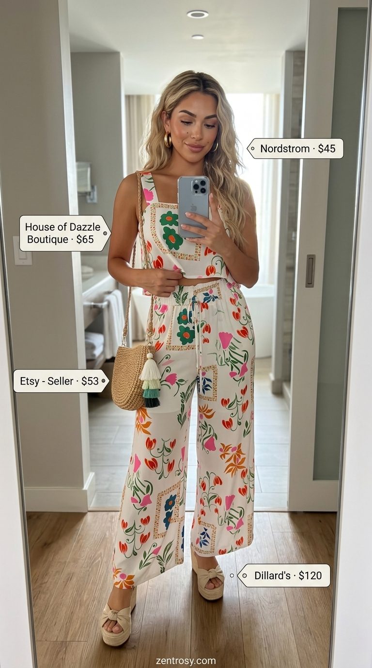 Cute summer matching set outfits for women 2026: Tropical floral crop top and pants set with wedge sandals.