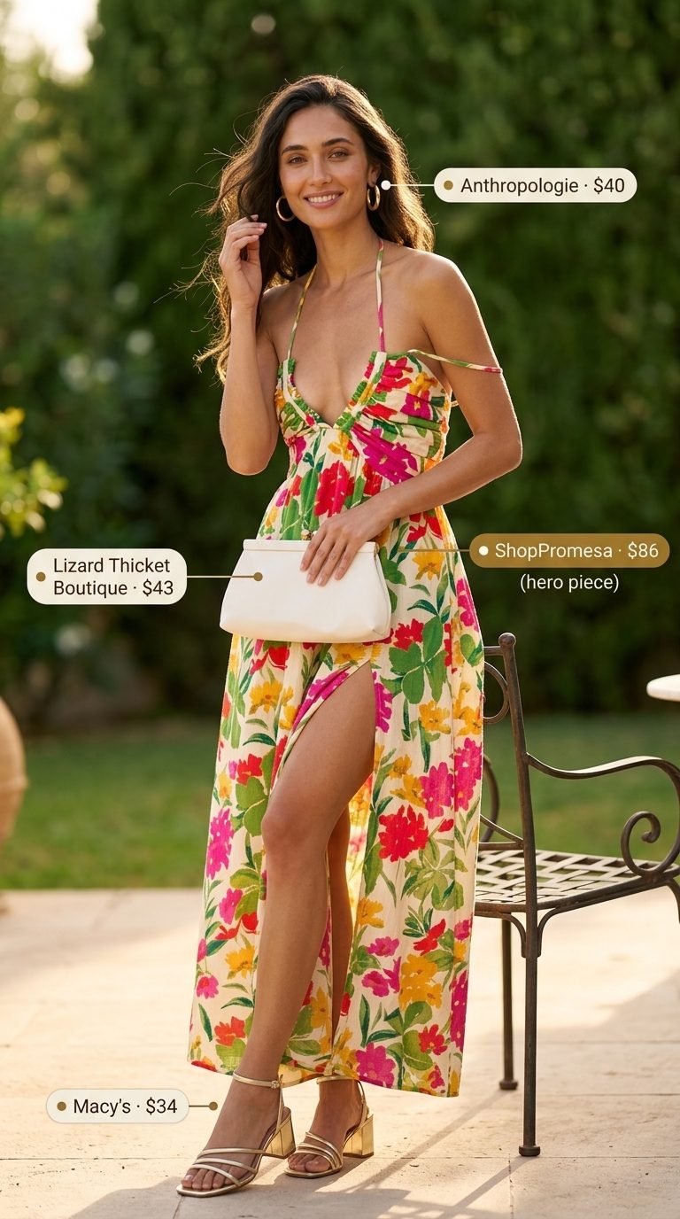 Cute summer matching set outfits for women 2026: Tropical floral maxi skirt and halter top with gold heels.