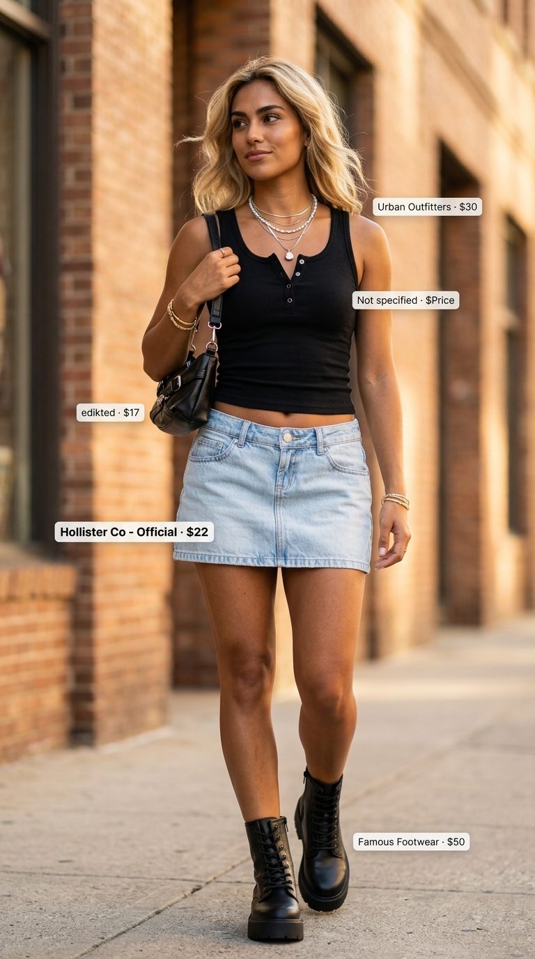 Cute summer matching set outfits for women 2026: Denim bustier and mini skirt set with combat boots.
