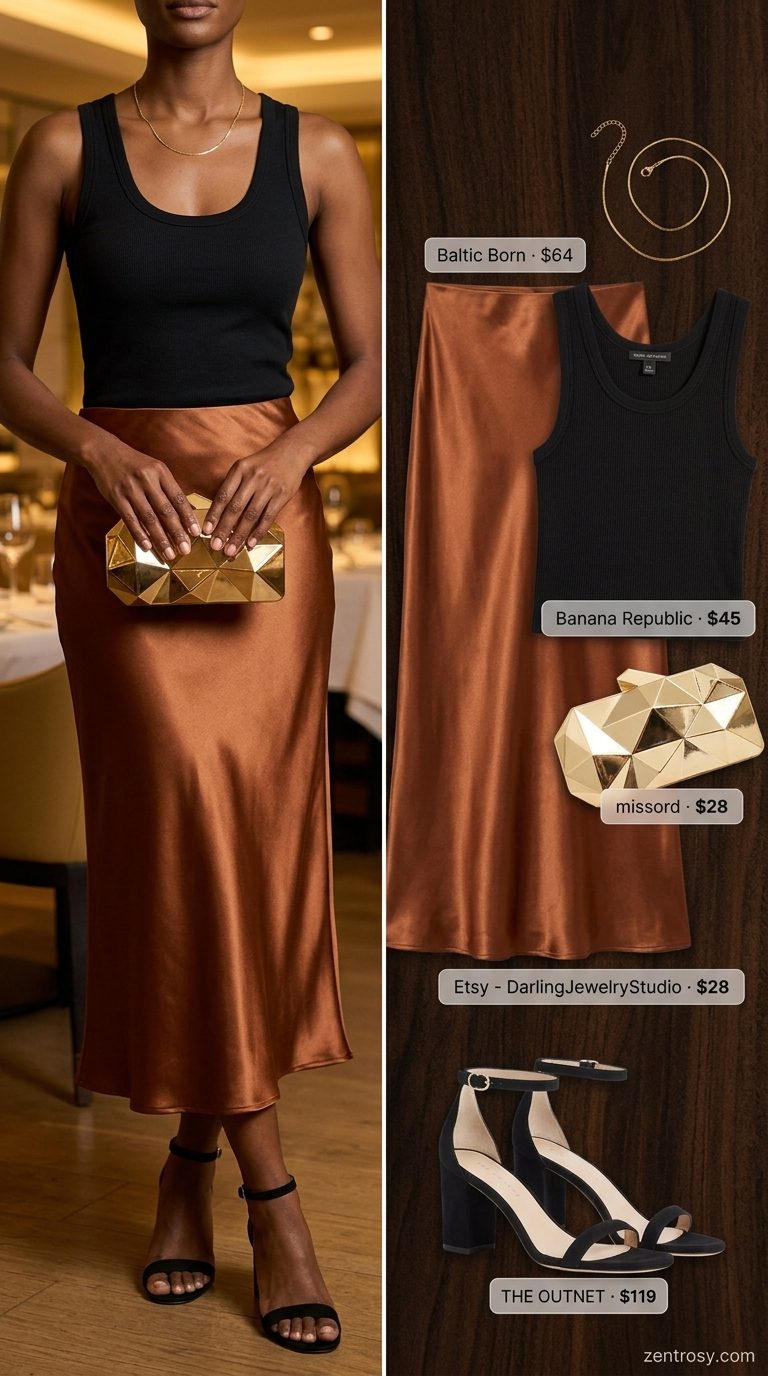 Cute summer outfits for black woman 2026: Bronze satin midi skirt, black tank, gold heels for an elegant evening out.
