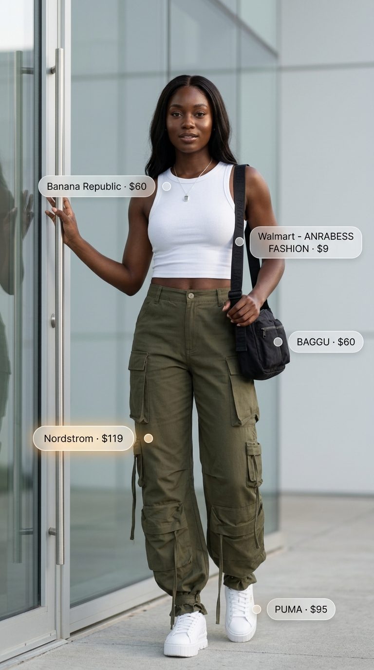 Cute summer outfits for black woman 2026: Olive cargo pants, white crop top, chunky sneakers, silver necklace.