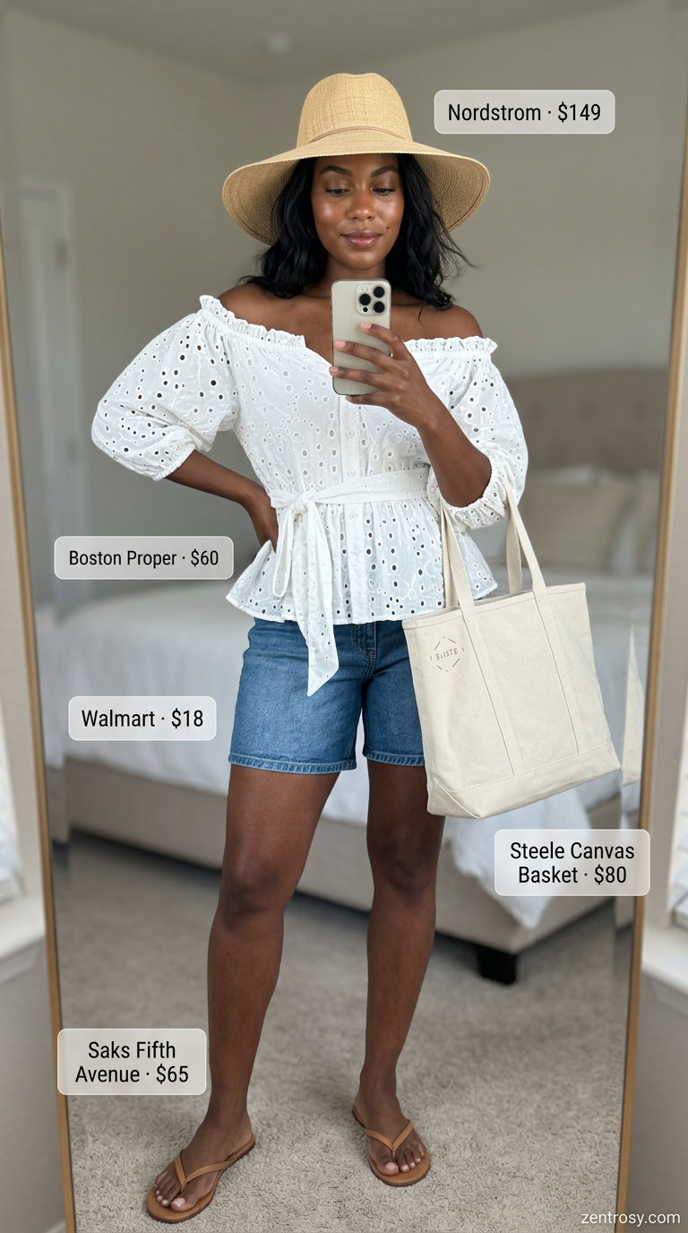 Cute summer outfits for black woman 2026: Denim shorts, white peasant blouse, straw hat for a relaxed beach day.