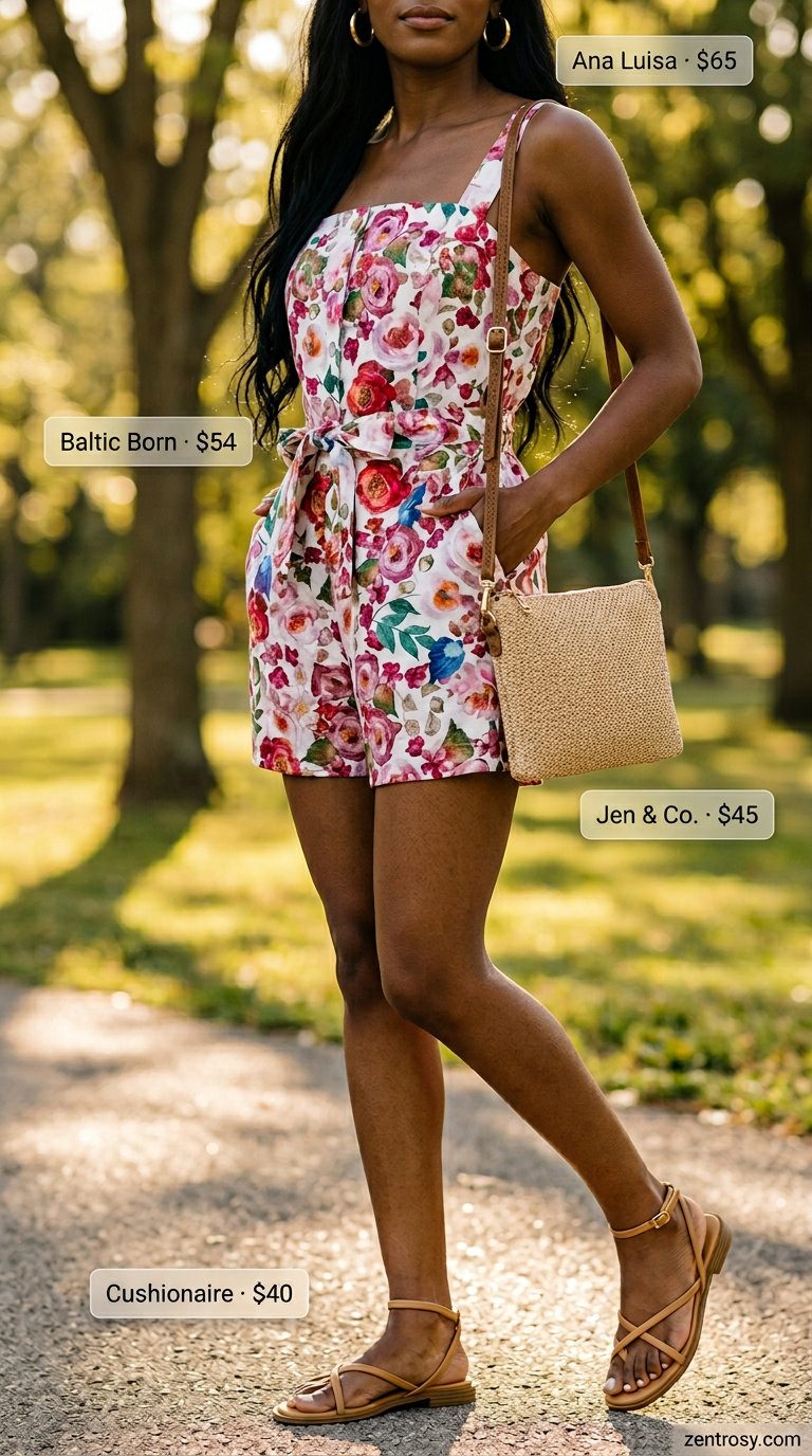 Cute summer outfits for black woman 2026: Floral romper, tan sandals, straw crossbody bag, gold hoops.