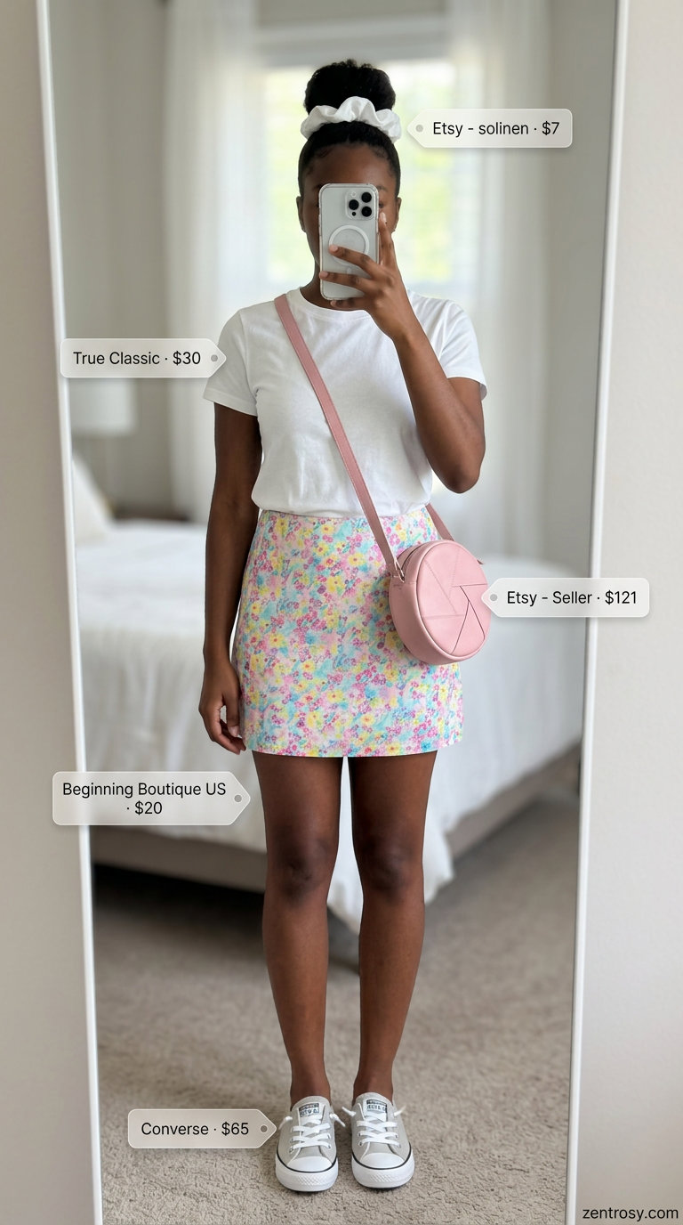 Cute summer outfit for black woman 2026: Pastel pink floral skirt, white tee, grey sneakers for errands or a casual date.