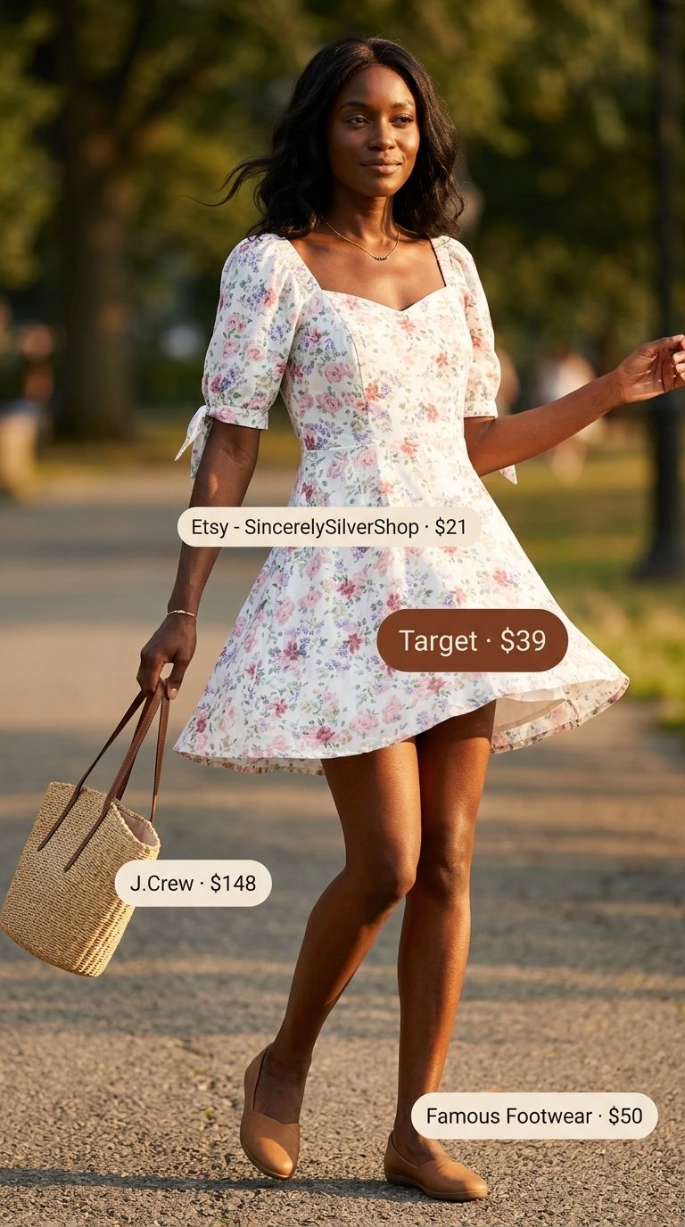 Cute summer outfits for black woman 2026: Pastel floral sundress, tan ballet flats, straw tote.