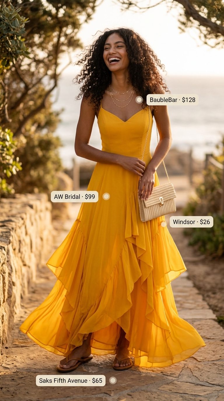 Cute summer outfits for black woman 2026: Golden yellow maxi dress, tan sandals, layered gold necklaces.