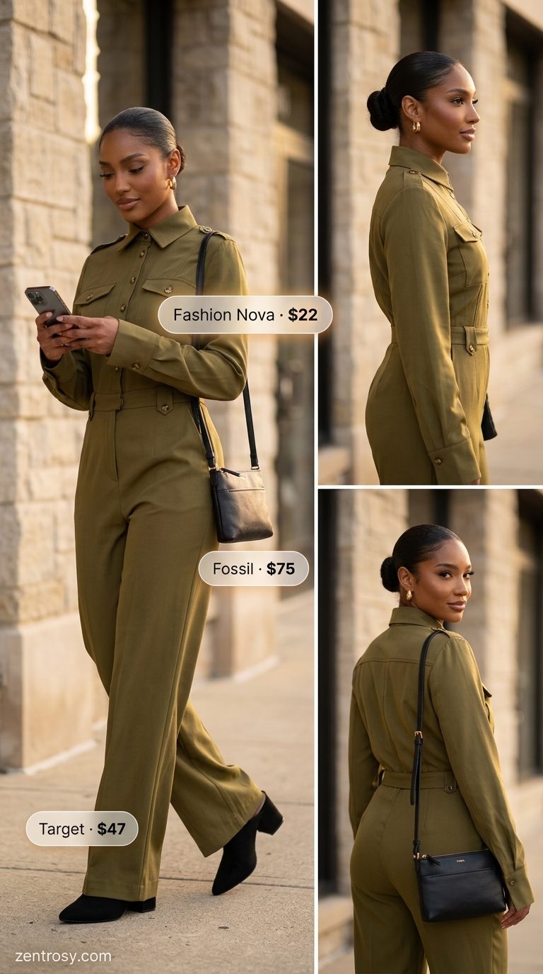 Cute summer outfits for black woman 2026: Olive green wide-leg jumpsuit, gold hoops, black mules for a chic casual day.