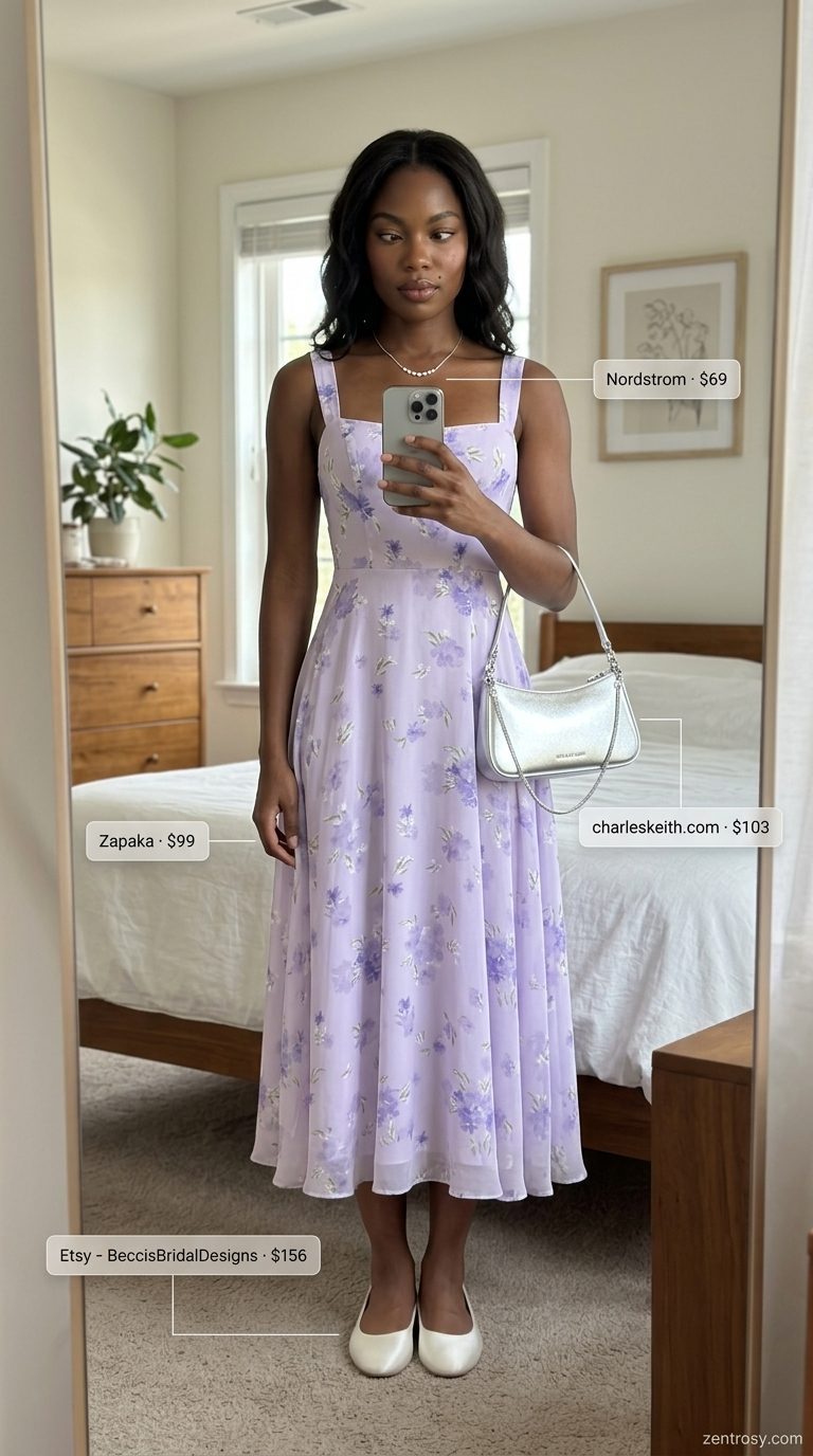 Cute summer outfits for black woman 2026: Lilac floral midi dress, silver bag, ballet flats for a garden party.