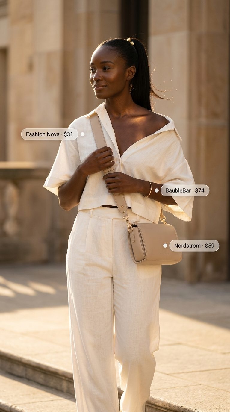 Cute summer outfits for black woman 2026: Cream linen co-ord set, beige slides, gold bracelet.