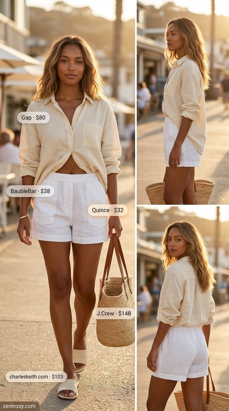 Cute summer outfits for black woman 2026: Cream linen shorts, oversized beige linen shirt, straw tote.