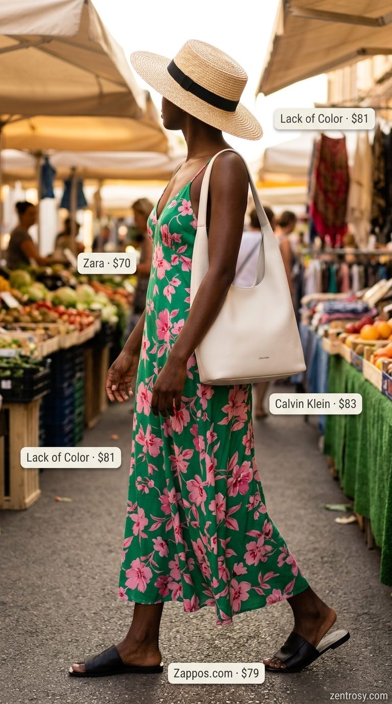 Cute summer outfits for black woman 2026: Emerald green floral maxi dress, straw hat, slide sandals for a daytime event.