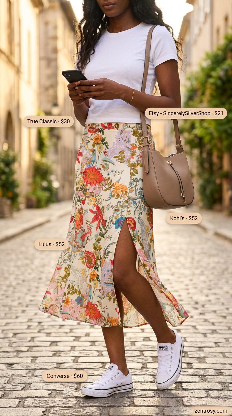 Cute summer outfit for black woman 2026: Floral midi skirt, white tee, tan crossbody bag, and sneakers.