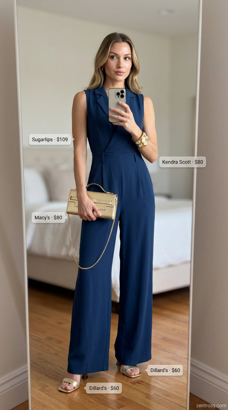 Cute summer outfits for black woman 2026: Navy wide-leg jumpsuit, gold cuff, metallic heels for an evening event.