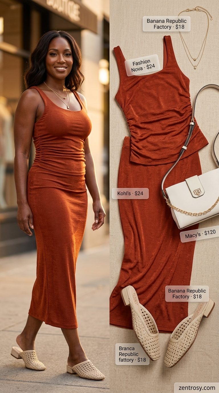 Cute summer outfits for black woman 2026: Rust orange knit set, cream mules, layered necklaces for a stylish evening out.