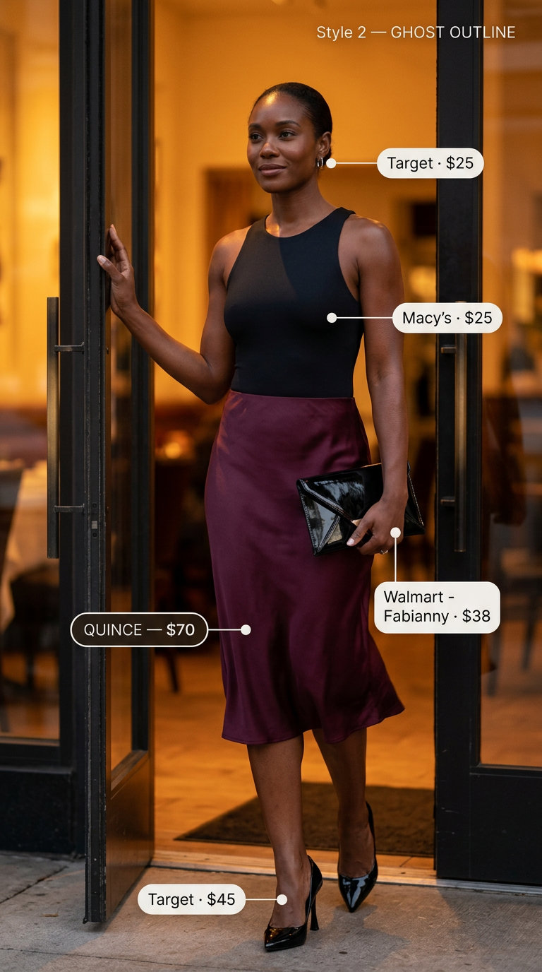 Cute summer outfits for black woman 2026: Burgundy slip skirt, black bodysuit, black heels, silver earrings.
