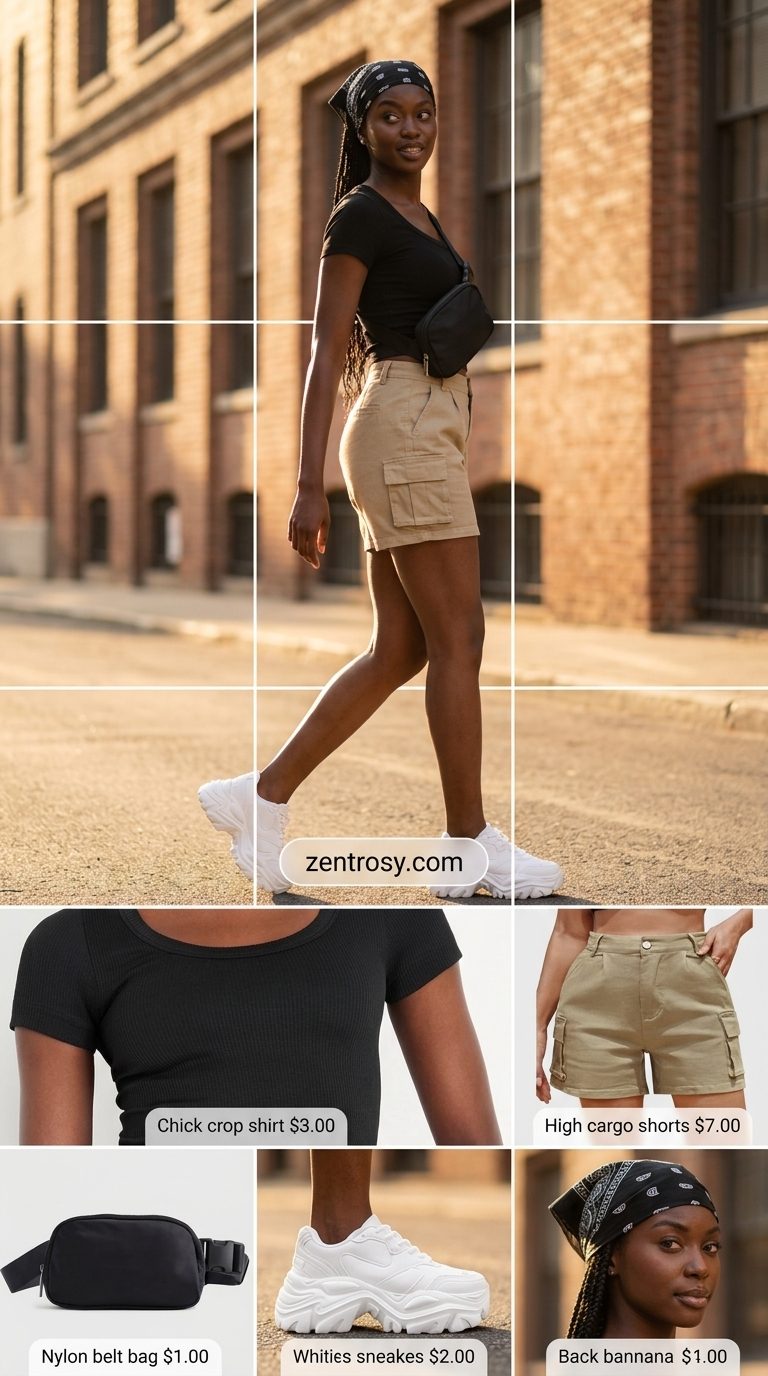 Khaki cargo shorts and crop top outfit for black women. Cute summer outfits for black woman 2026.