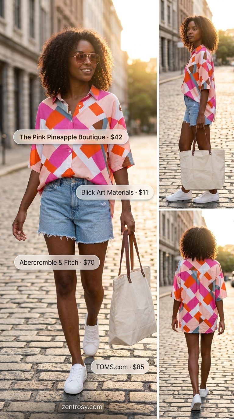 Denim shorts and printed blouse outfit for black women. Cute summer outfits for black woman 2026.