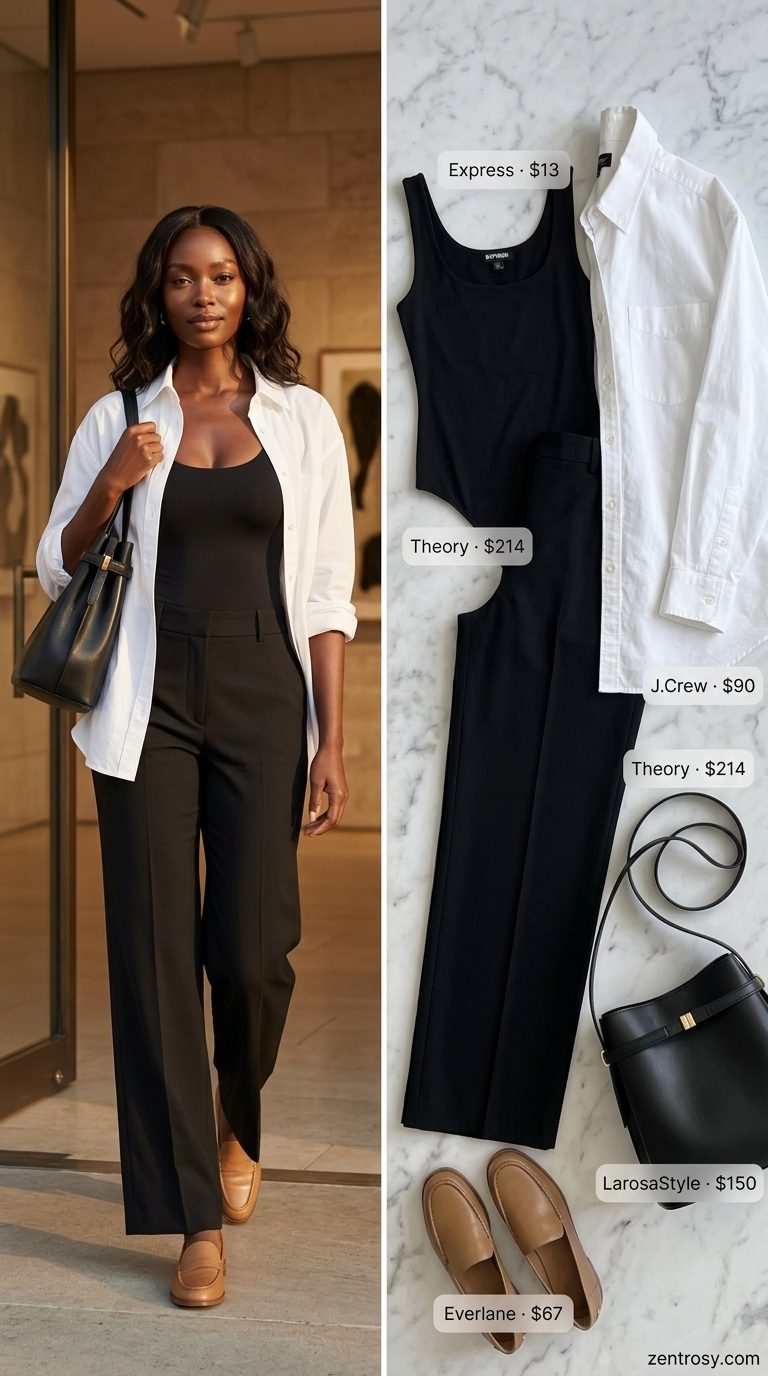 Chic white and black outfit for black women: tailored trousers, crisp shirt, loafers. Cute summer outfits for black woman 2026.