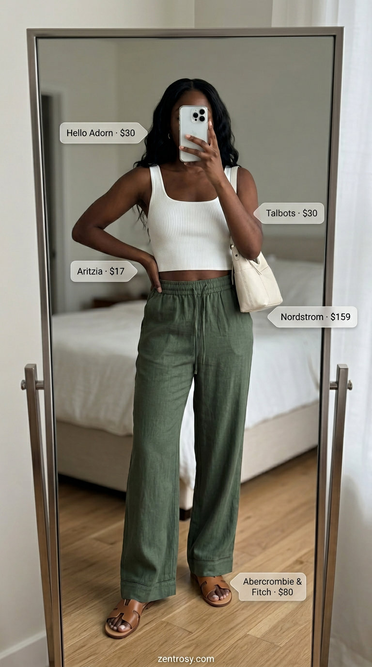Olive green wide-leg pants and crop top outfit for black women. Cute summer outfits for black woman 2026.